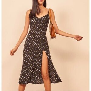 REFORMATION Black Floral Print Crimini Posie High Slit V-Neck Slip-Dress